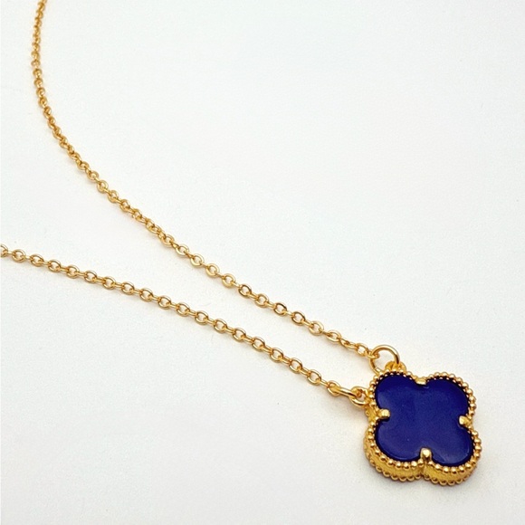 Last 1 🔥 Royal Blue Clover Necklace 14k Gold Tone Double Sided - Picture 7 of 13